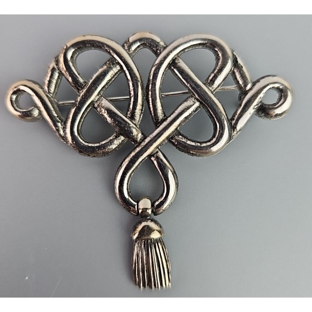 Vintage Ginnie Johansen Brooch Silver Tone Celtic Knot Design Dangling Tassel